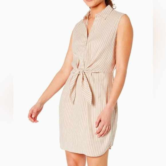 Nic+Zoe Linen Blend Tan Nude Striped Tie Waist Collared Sleeveless Dress Size XL - Picture 1 of 9